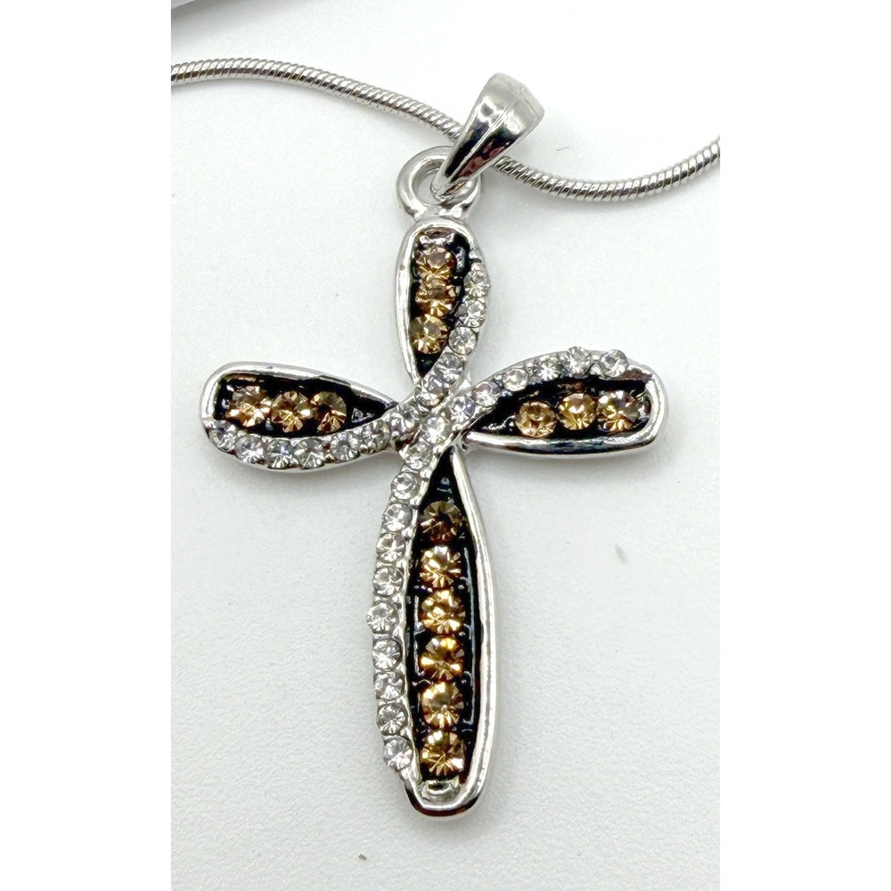 New Silver Cross Pendant Necklace w Citrine Accent 18" Snake Chain Gift‎ Ready